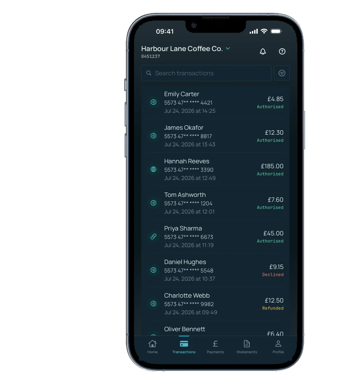 Monek mobile app showing live UK card transactions